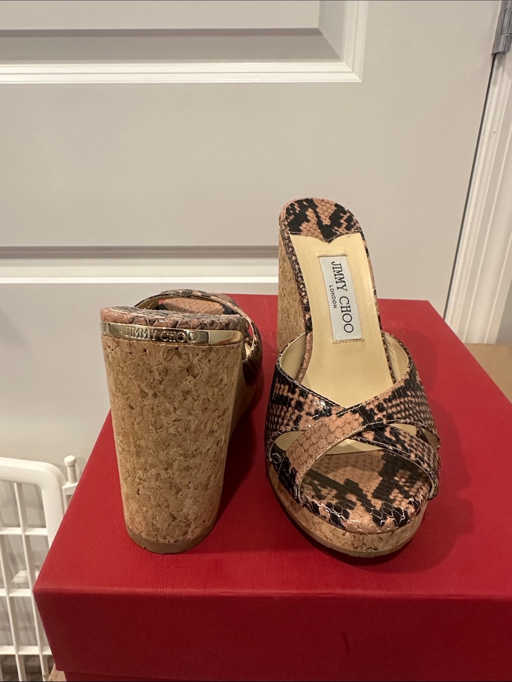 Jimmy Choo Pink and Black Snake-Print Cork Platform Mules